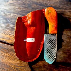 Wood Handled Knife Tool with handmade leather sheath.